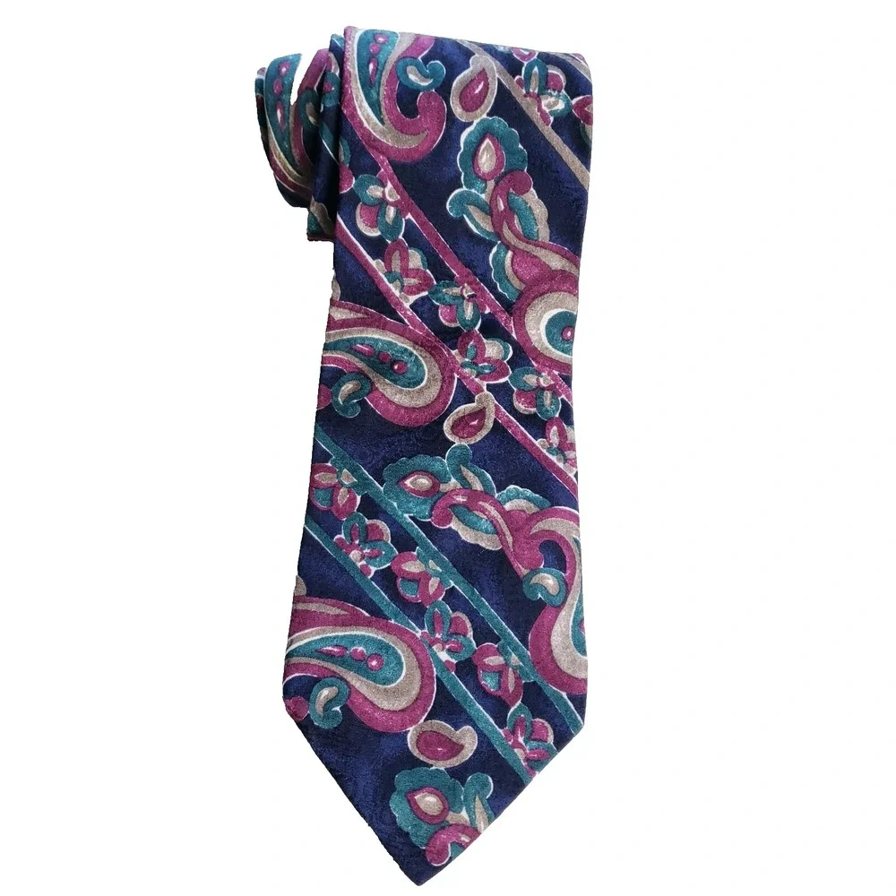 Villa Bugatti‎ Tie Paisley Floral Bold Striped Pattern Blue Pink Classic
